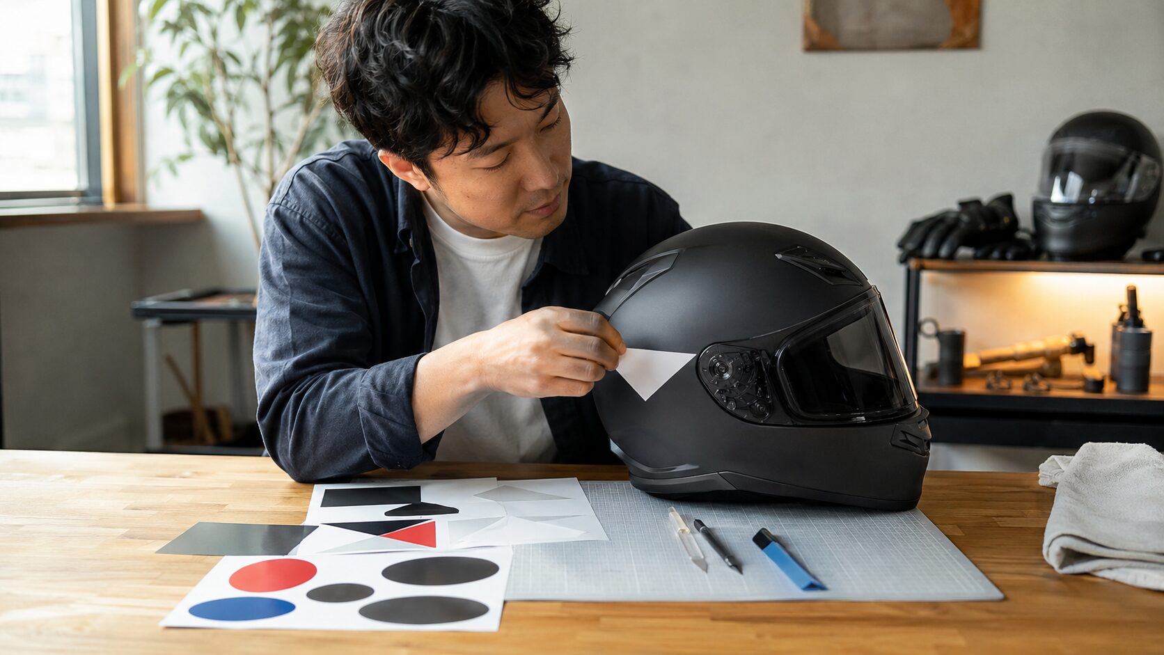 無地のステッカーでヘルメットをカスタムする日本人ライダー