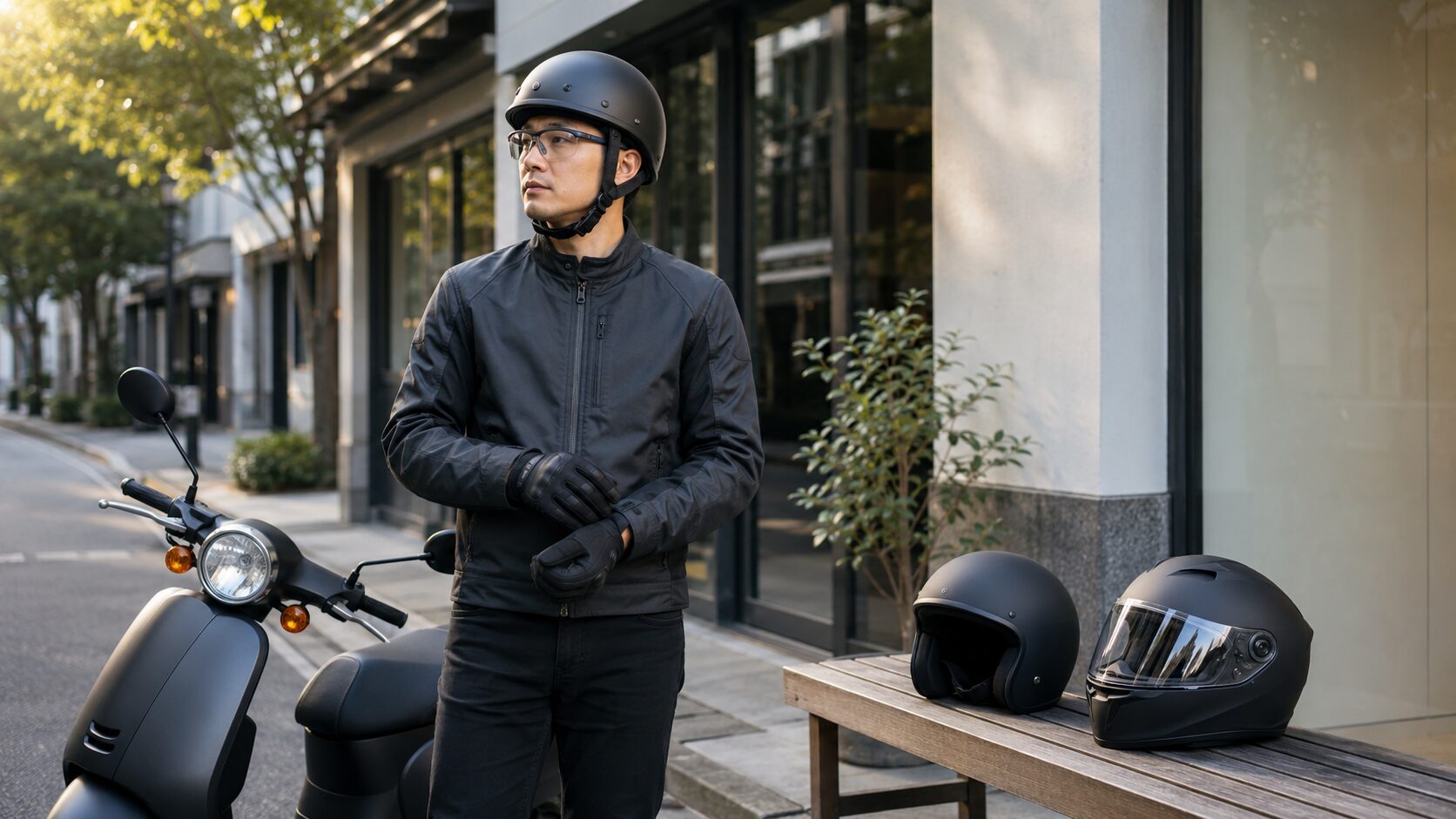 半キャップとジェットとフルフェイスを比較する日本人スクーターライダー
