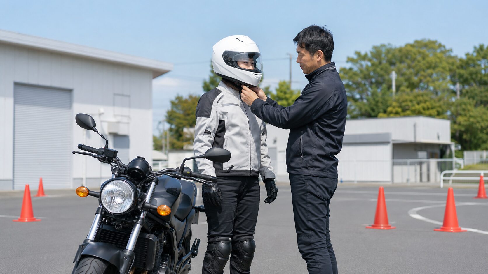 教習所でフルフェイスヘルメットを確認する日本人初心者と指導員