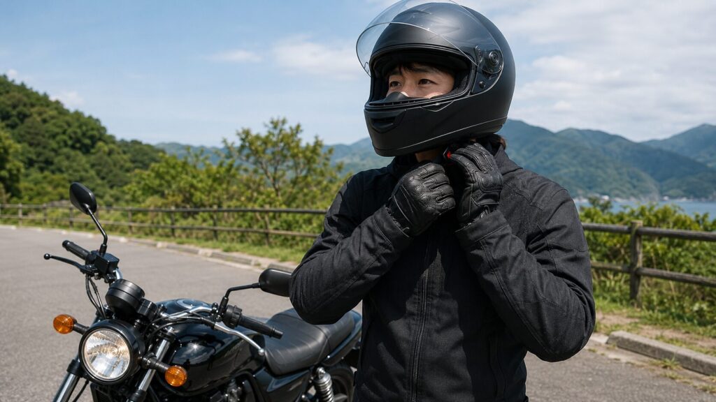公道走行前にフルフェイスヘルメットのあごひもを締める日本人ライダー