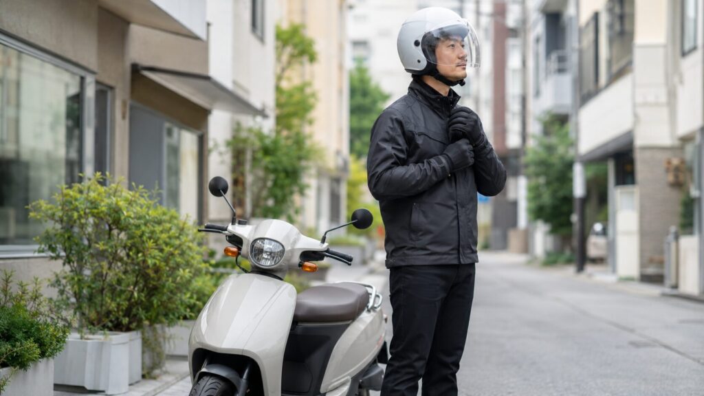 原付スクーターで通勤する日本人ライダーのジェットヘルメット