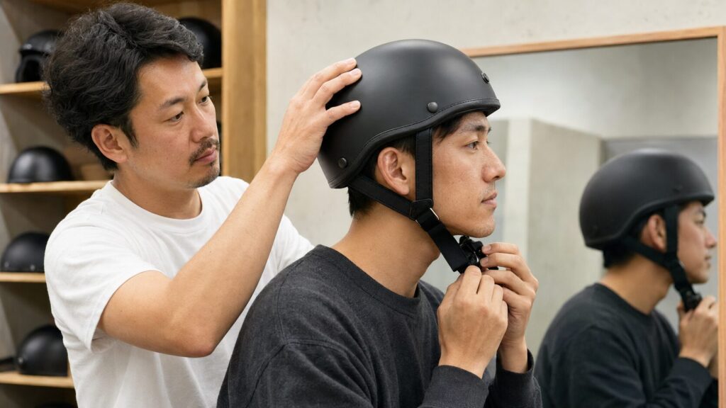 専門店で半キャップヘルメットの深さとあごひもを確認する日本人ライダー
