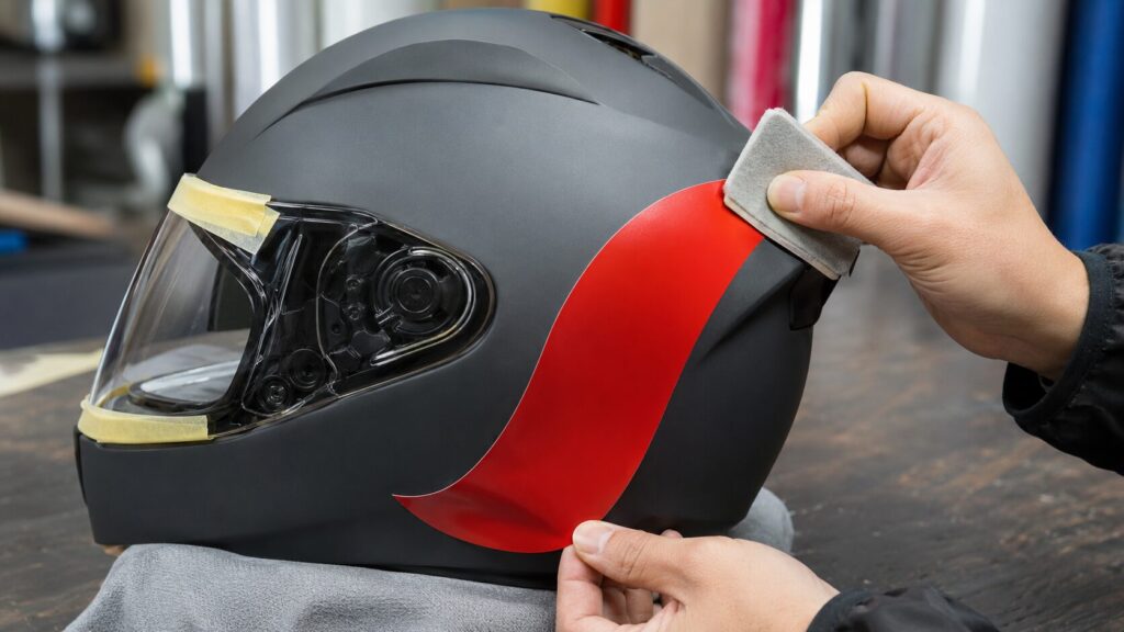 空気を抜きながらバイクヘルメットへステッカーを貼る方法
