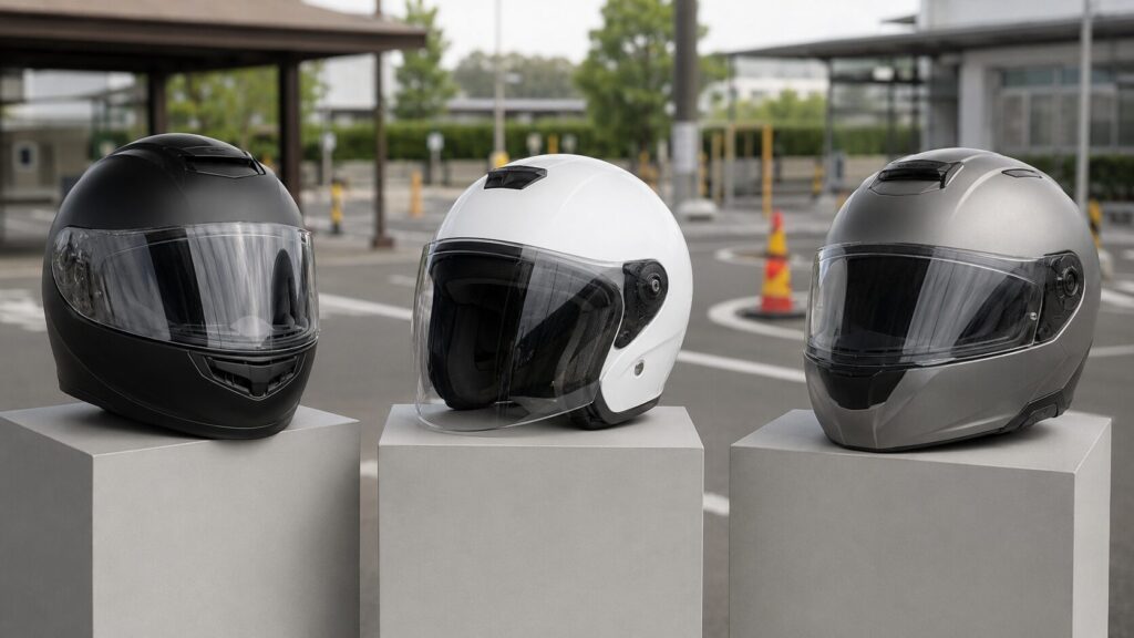 教習所向けフルフェイスとジェットとシステムヘルメットの比較
