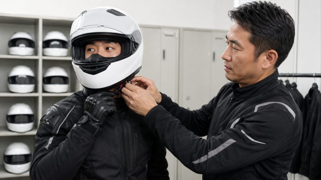 教習所で初心者のフルフェイスヘルメットを調整する日本人指導員
