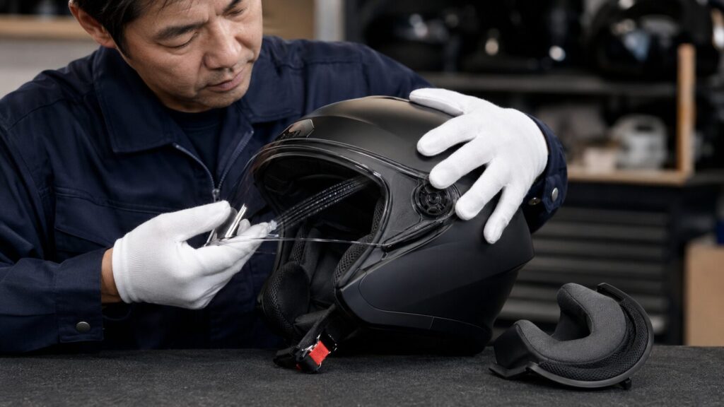 帽体や内装とあごひもを確認するバイクヘルメットの安全点検