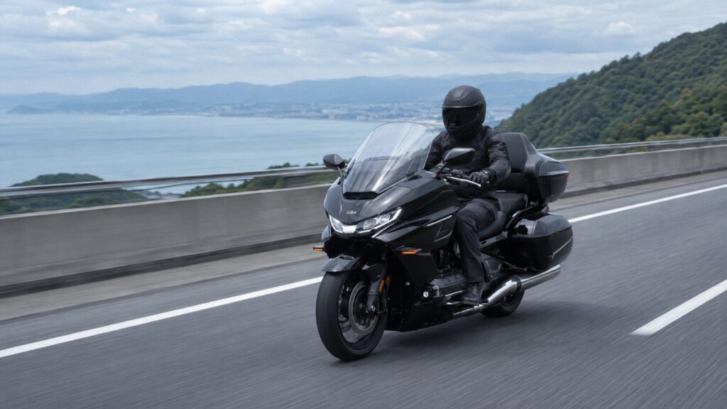 大型ツアラーで高速道路を走る日本人ライダーのフルフェイスヘルメット