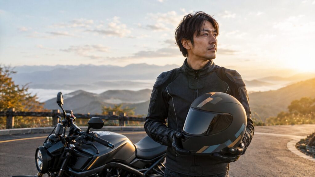抽象的なステッカーでカスタムしたヘルメットを持つ日本人ライダー
