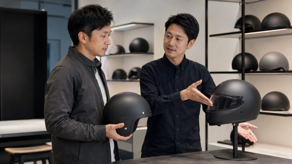 半キャップとフルフェイスの保護範囲を専門店で比べる日本人ライダー
