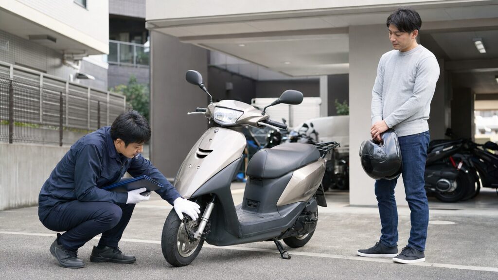 日常使用された125ccスクーターのタイヤと外装を点検する査定員
