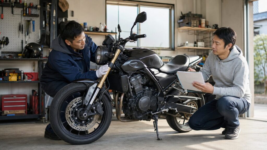 250ccネイキッドバイクの外装状態と整備記録を確認する査定担当者
