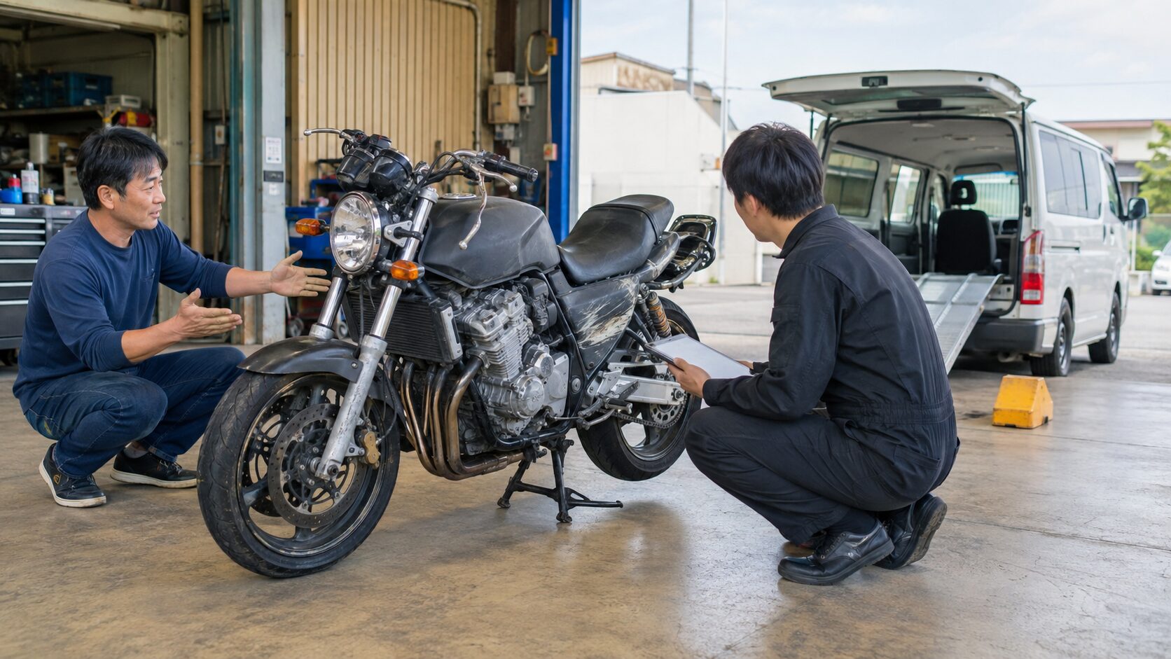 軽い損傷のあるバイクを安全な状態で査定する担当者と日本人オーナー