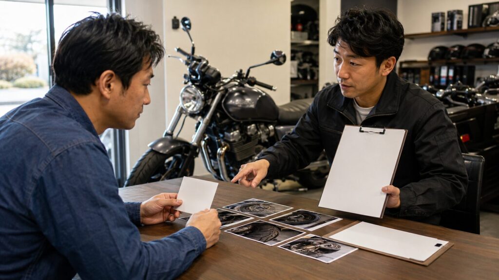 バイク査定額の理由を担当者へ確認する日本人オーナー 
