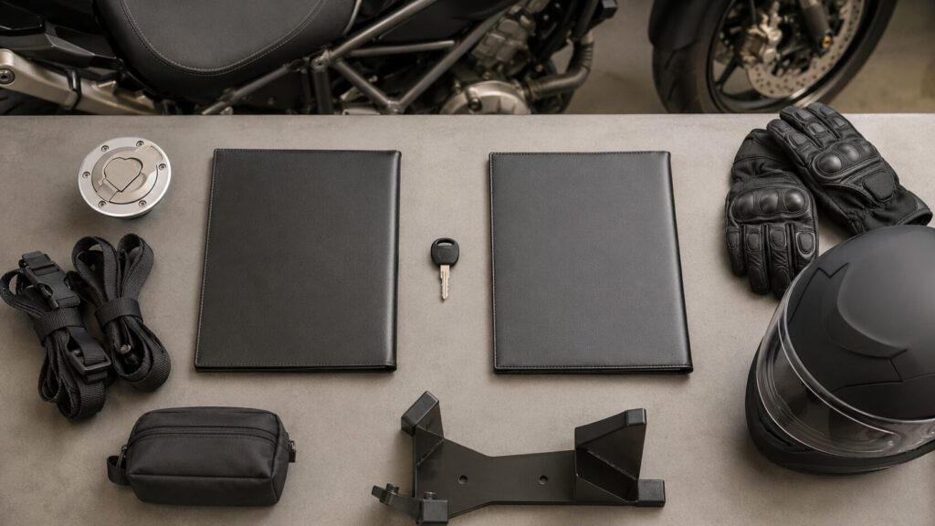 バイクの鍵や輸送ベルト、複数の査定書類を並べて総費用を比べる様子
