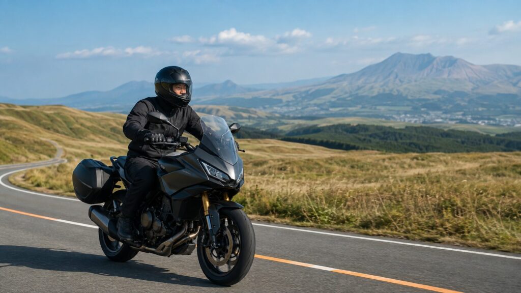 阿蘇の草原を抜ける曲線道路を安全に走る日本人ライダー
