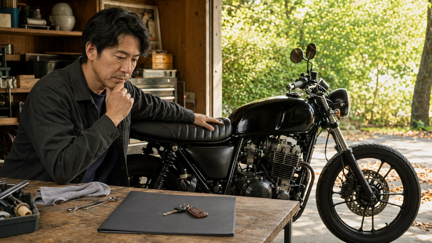 季節の変化を感じるガレージでバイクの売却時期を考える日本人オーナー