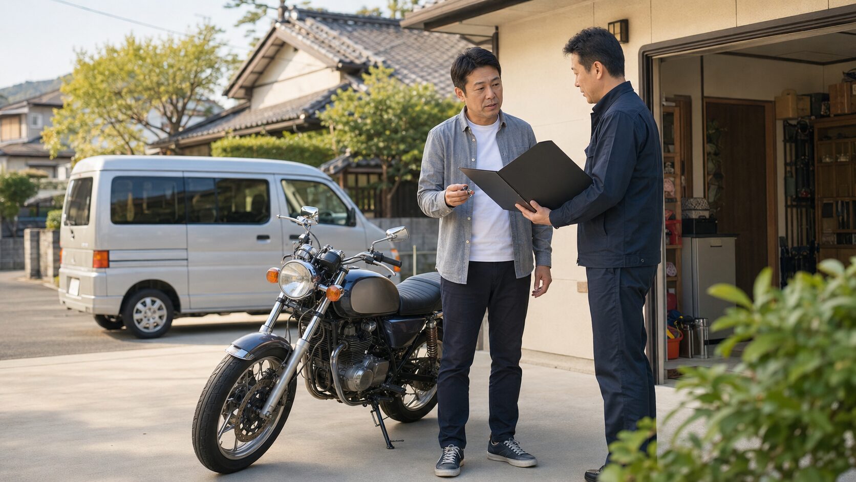 売却を決めずに自宅で無料バイク査定を受ける日本人オーナー