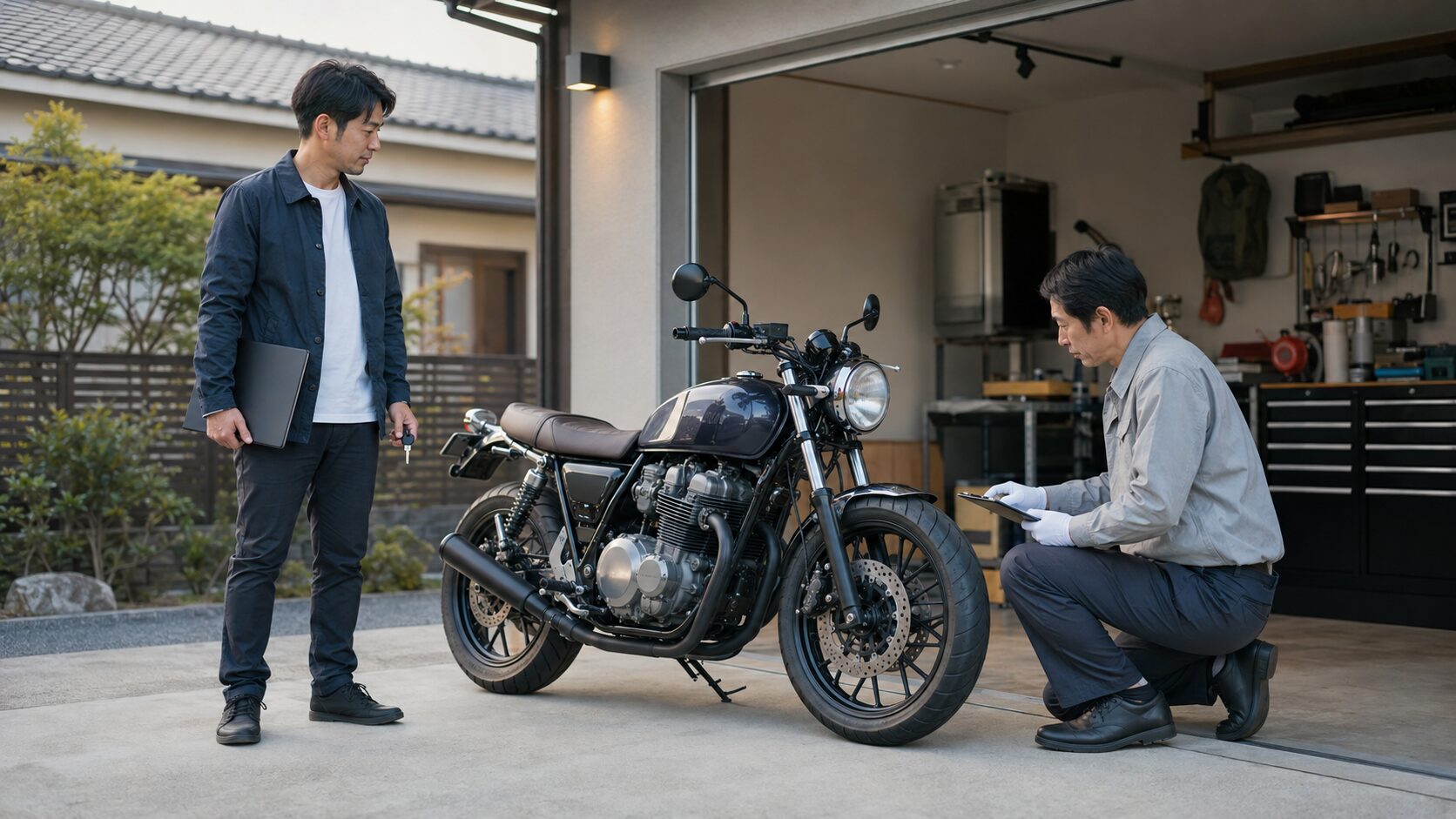バイク買取相場を調べるため査定担当者と愛車を確認する日本人オーナー