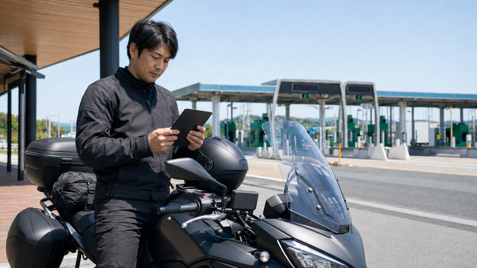高速道路の入口前でETCと旅程を確認する日本人ライダー
