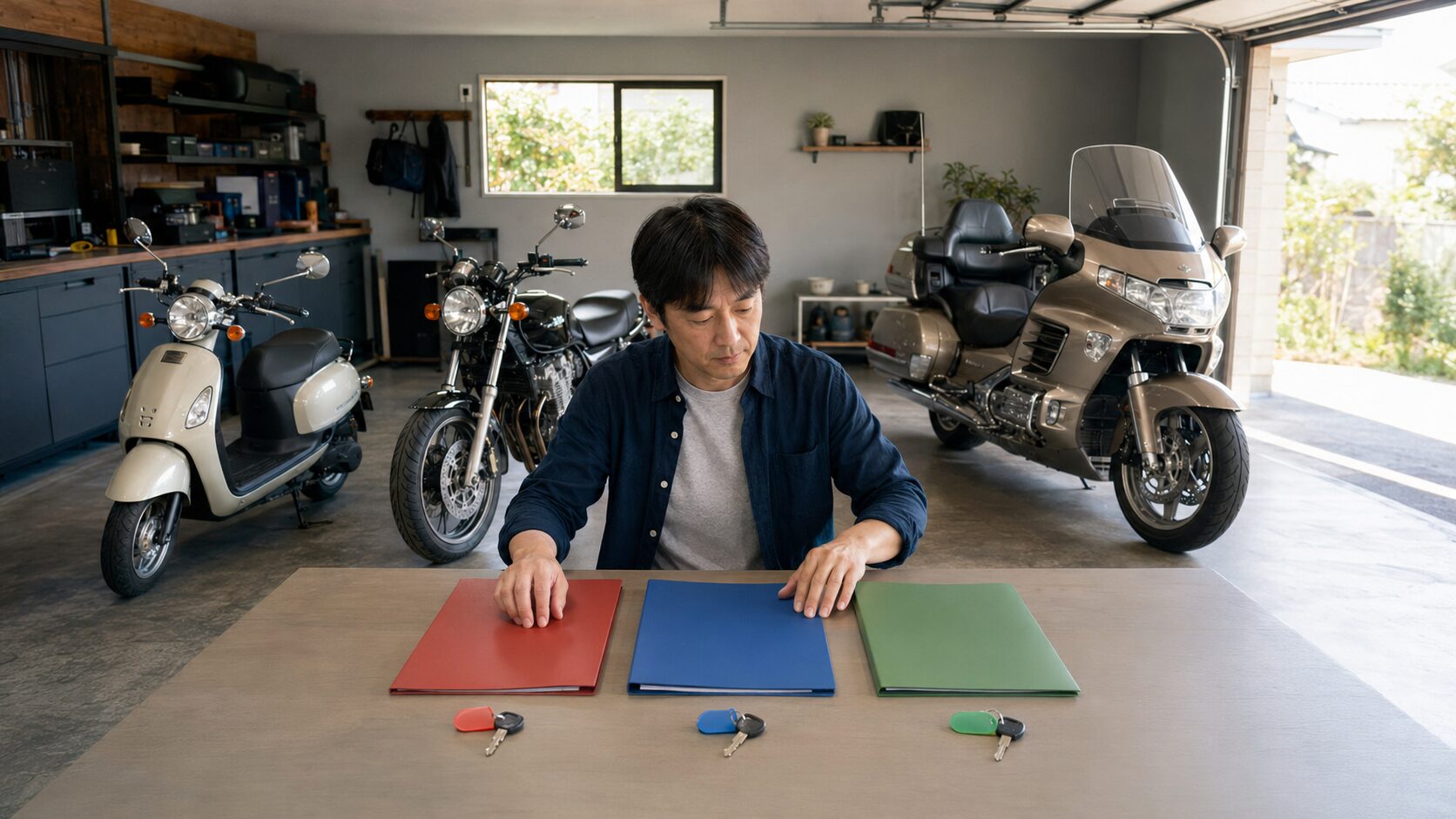 スクーターから大型バイクまで排気量別の売却書類を整理する日本人オーナー