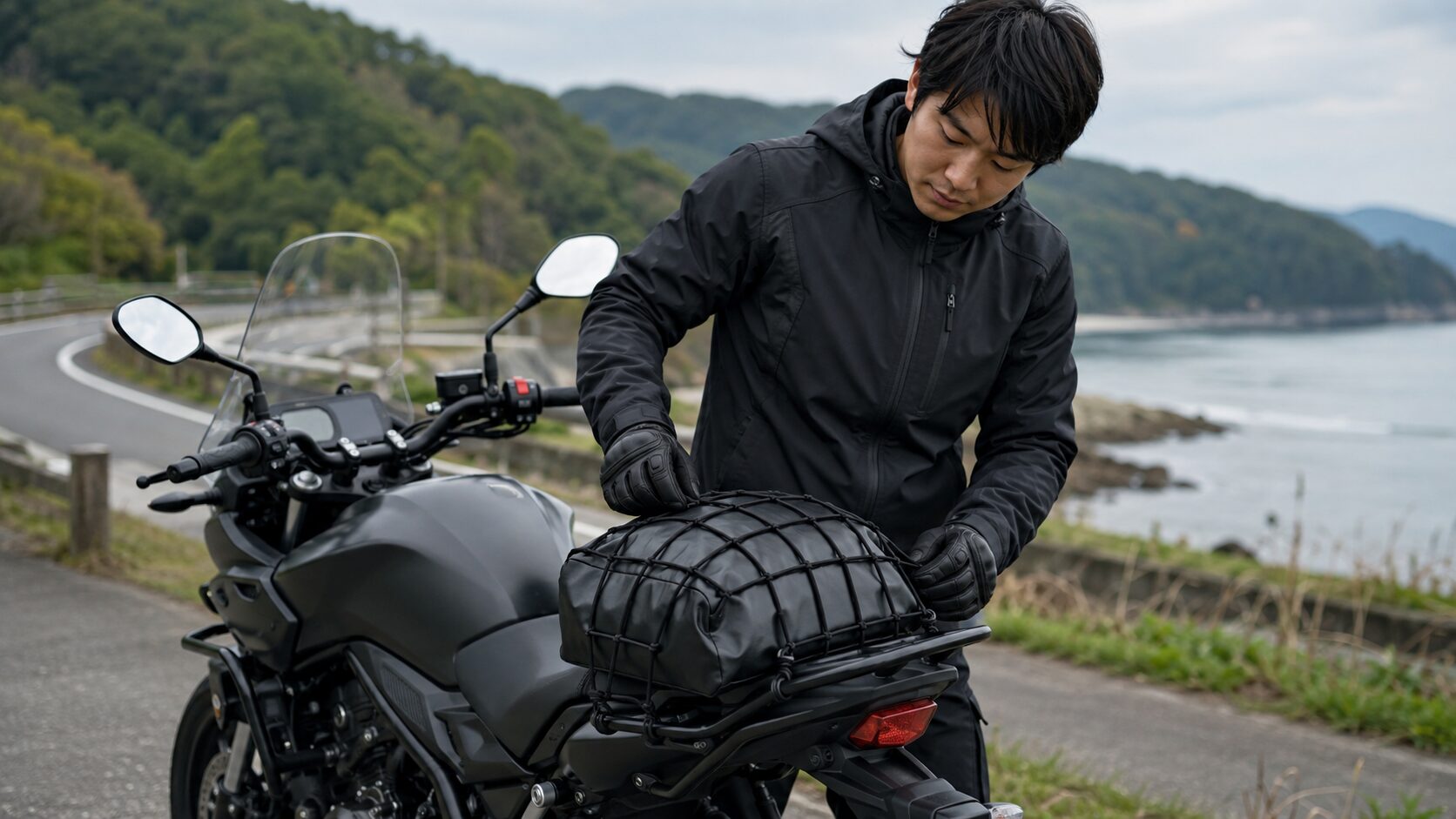 リアシートの荷物をツーリングネットで確実に固定したバイク