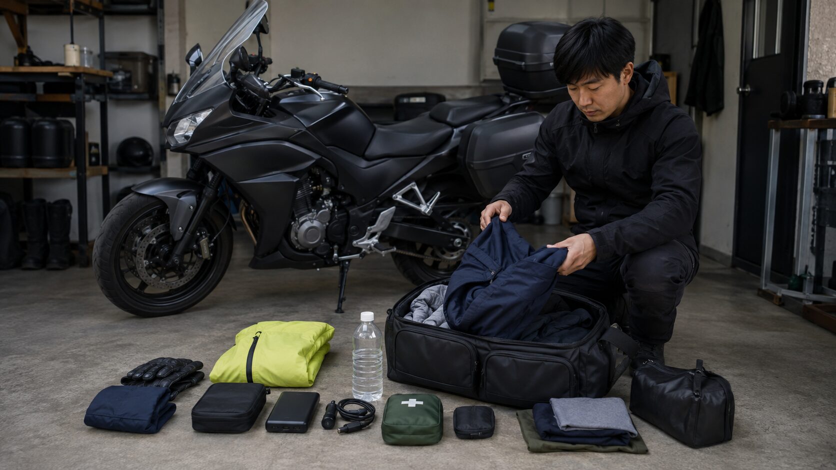 ツーリングに必要な装備と工具をバッグへ整理するライダー