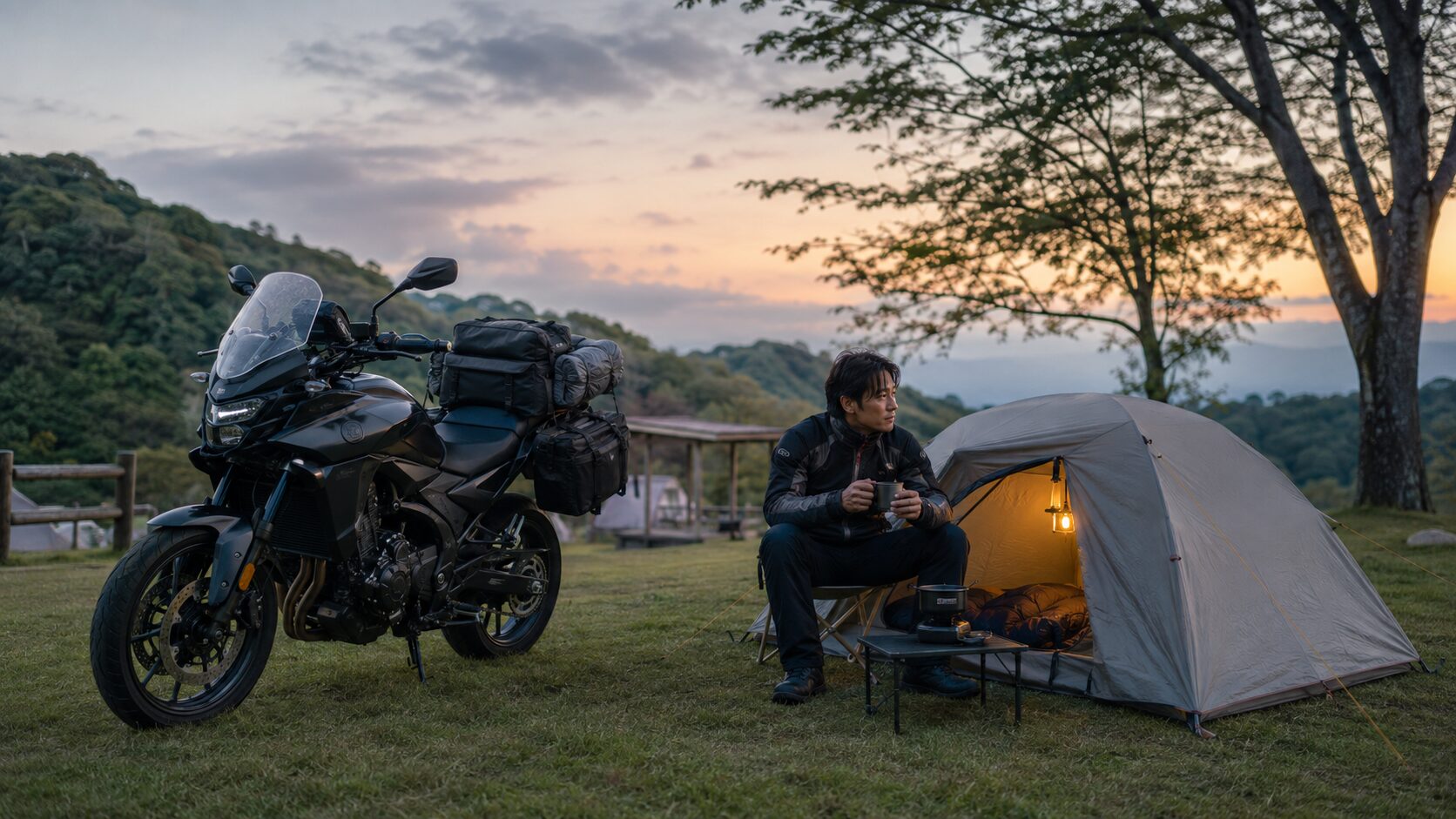 軽量テントとキャンプ道具を積んだバイクで過ごす日本人ライダー
