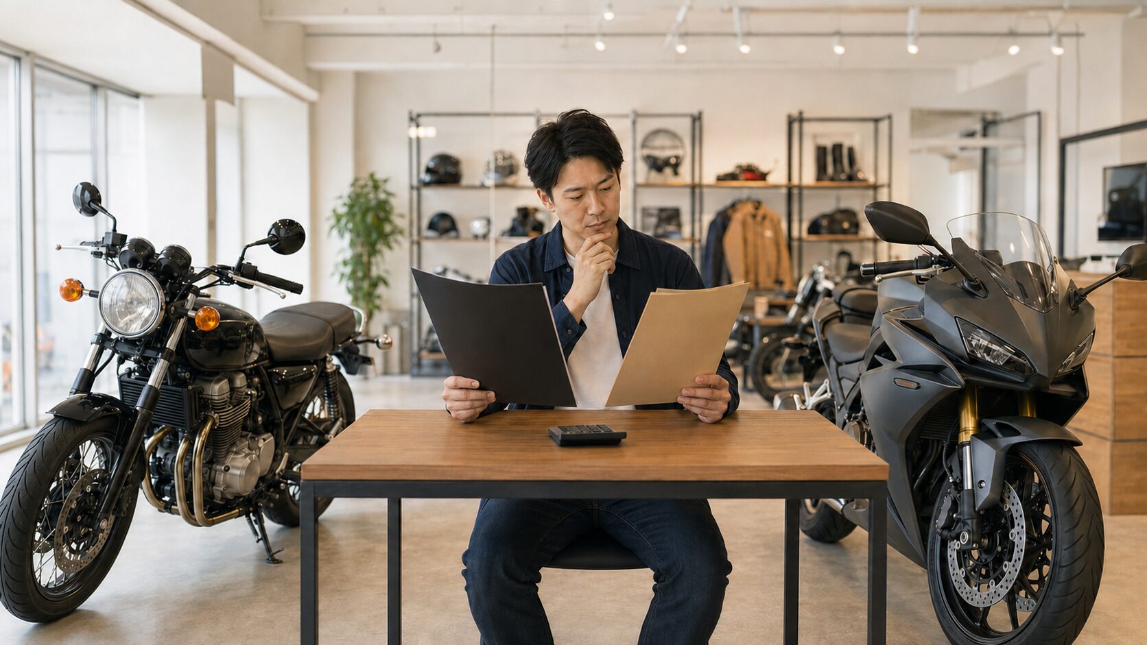 現在のバイクと新しいバイクの間で下取りと買取を検討する日本人ライダー
