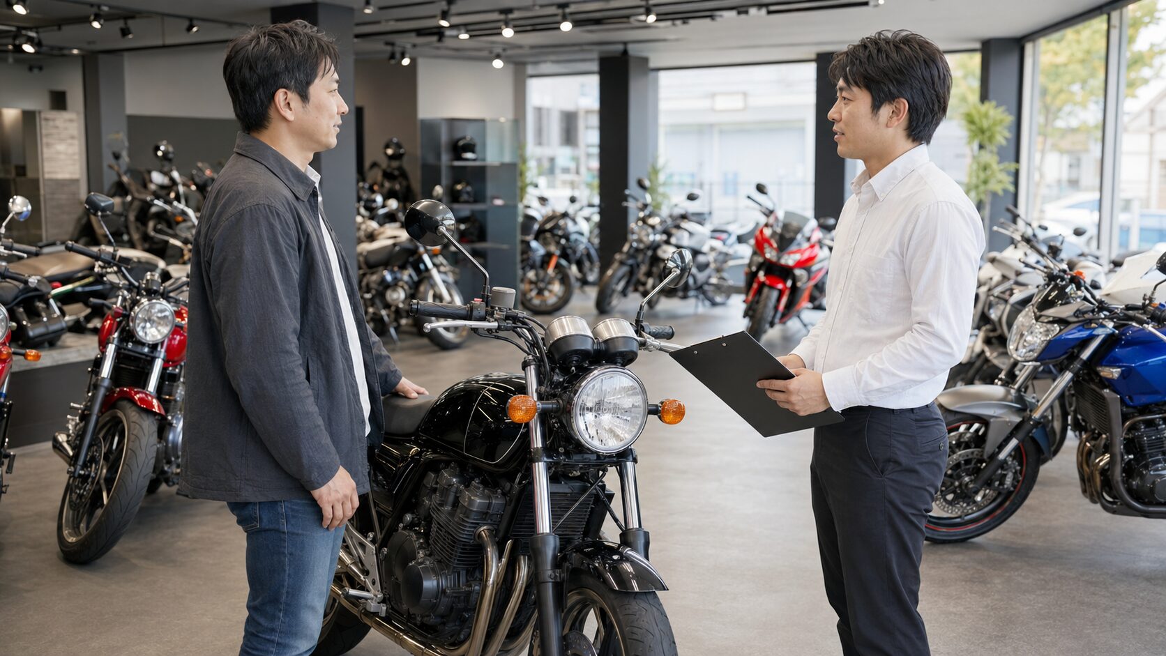 大型バイク販売店で愛車の買取査定を相談する日本人オーナー