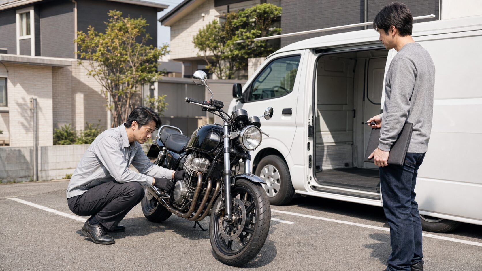 大手出張買取を想定した無地車両のそばでバイク査定を受ける日本人オーナー