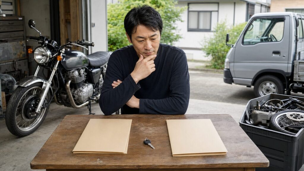 自宅で出張買取と別の写真査定の条件を比べる日本人オーナー 