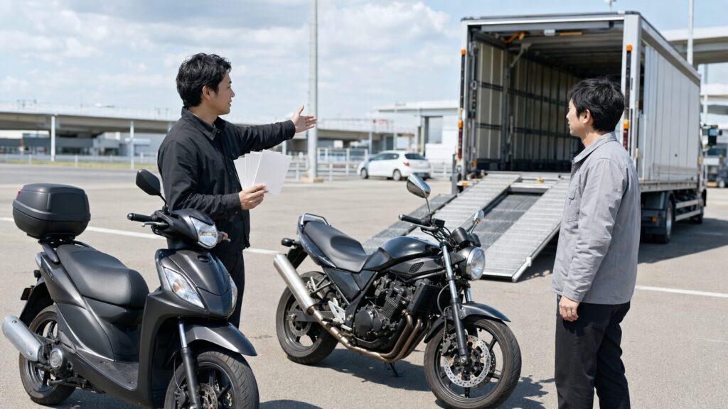 スクーターやロードバイクの出張査定範囲を担当者へ確認する日本人オーナー 