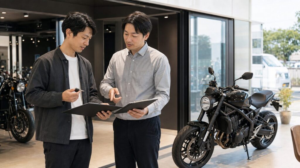 バイクの鍵と売却書類を確認して引き渡す日本人オーナー 