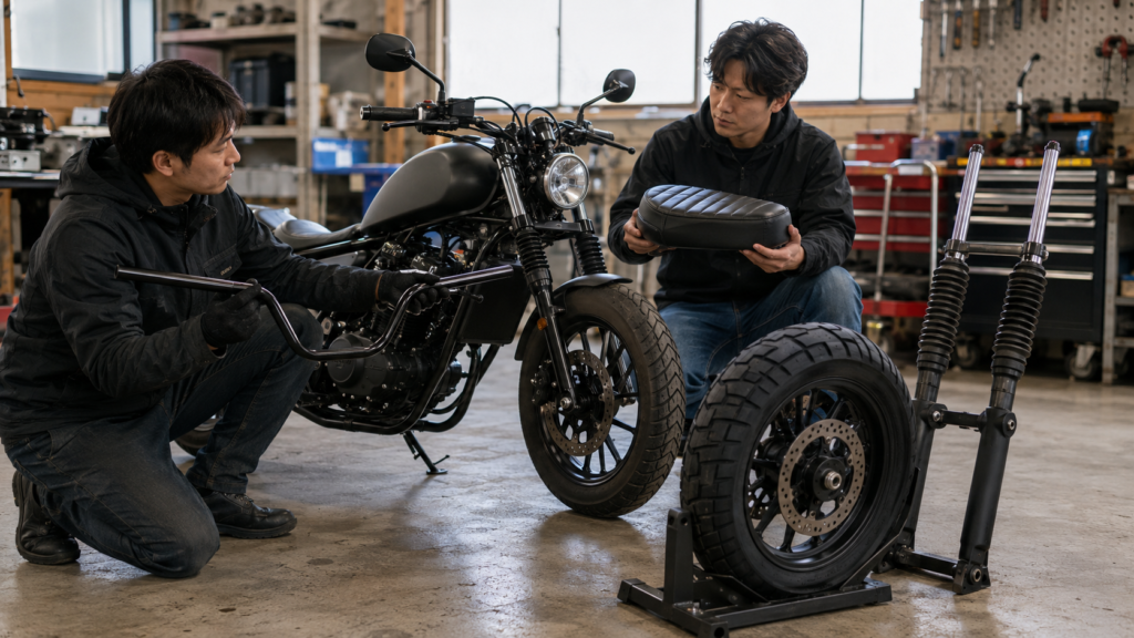 レブル250系の車体骨格にカフェレーサー風とスクランブラー風の部品を仮配置して相性を確認する場面