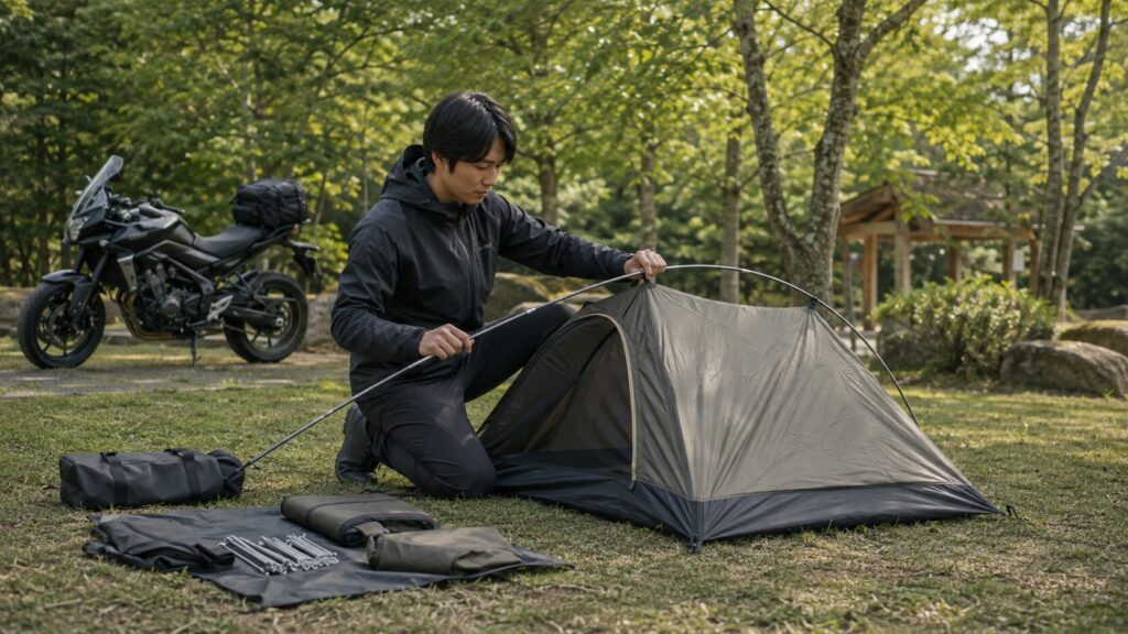 明るい時間に管理されたキャンプ場でテントを設営するライダー