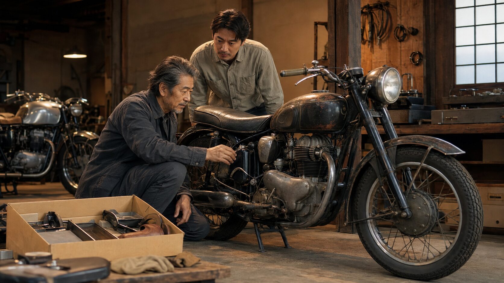 大切に保管された旧車バイクを専門査定員と確認する日本人オーナー