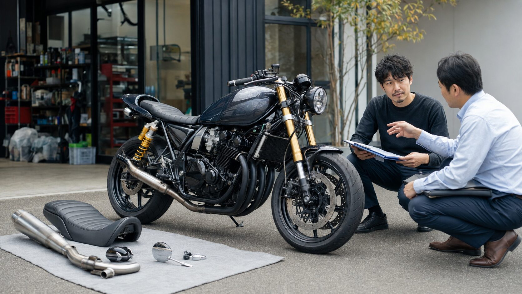 カスタムバイクと純正部品を前に査定相談する日本人オーナー