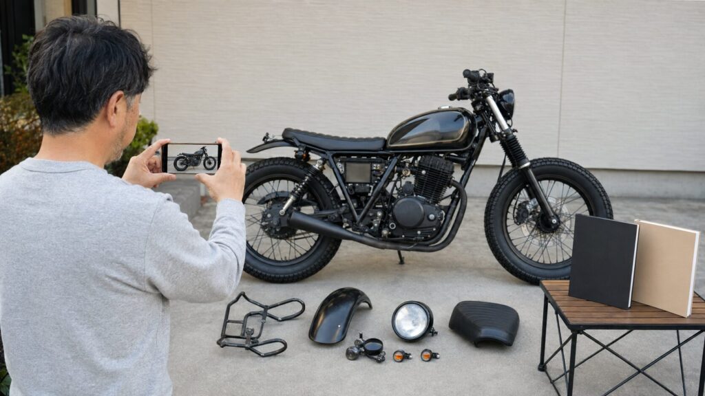 同じカスタムバイクを撮影して複数査定を比べる日本人オーナー