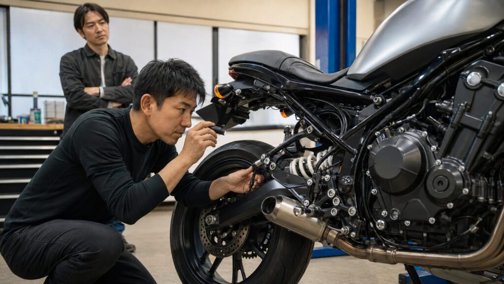 改造バイクのマフラーや配線の施工状態を点検する査定担当者