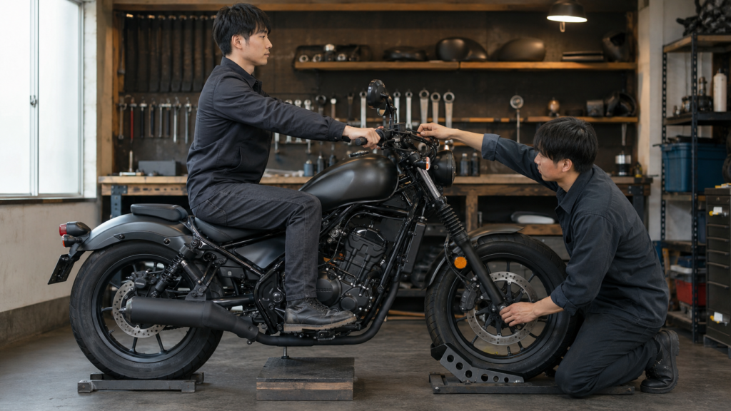 レブル250系カスタム車でハンドル・シート・ステップの位置関係を停止状態で確認する日本人ライダー