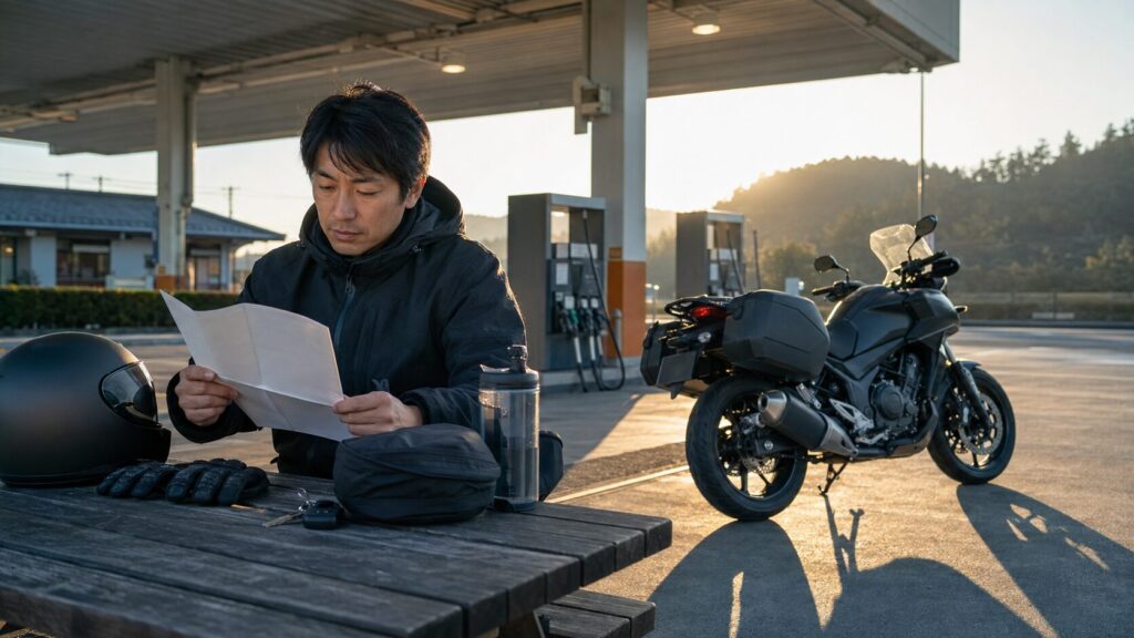 東海・中部の日帰りツーリングで出発時刻と帰路を確認するライダー