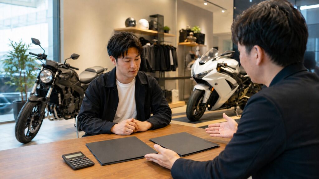 現在のバイクと新しいバイクを前に下取り条件を比較する日本人客 