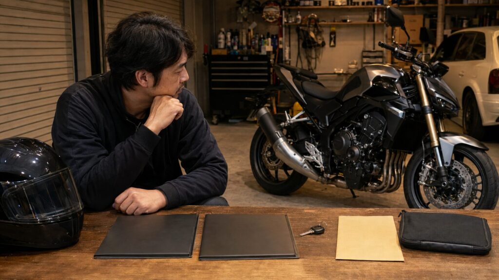 ガレージで愛車と査定資料を見ながら売却するか考える日本人オーナー 
