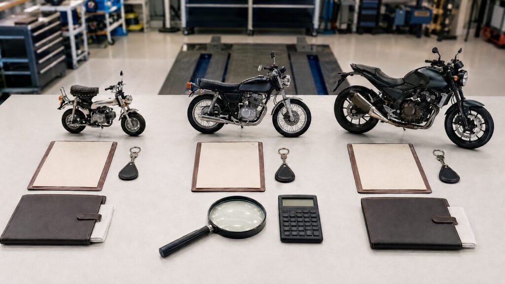 排気量の異なる三台のバイクと査定条件を同じ基準で比較する机
