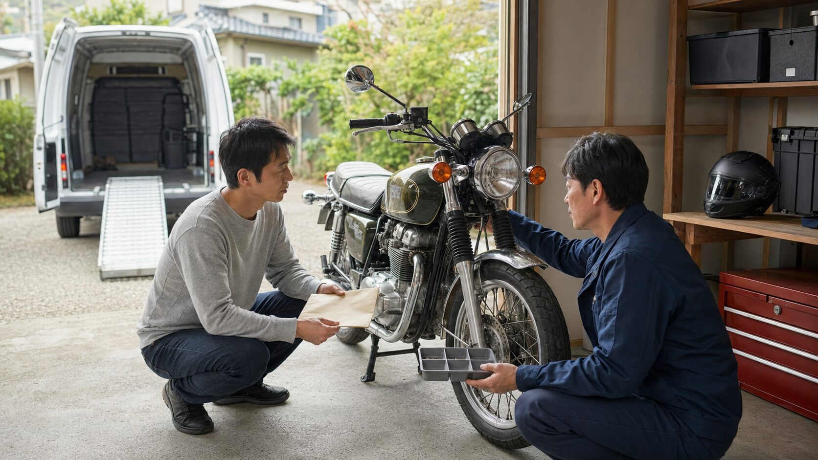 車検切れで動かないバイクを自宅ガレージで査定相談する日本人オーナー