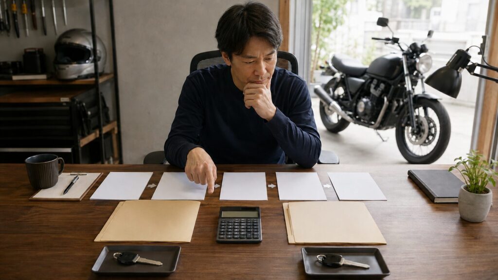 残債処理の流れが異なる二つのバイク買取条件を比べるオーナー
