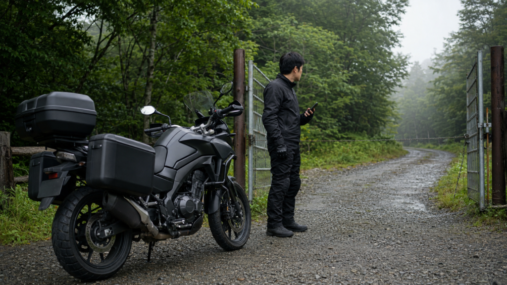 林道入口でゲートと路面状況を確認して進入判断するライダー