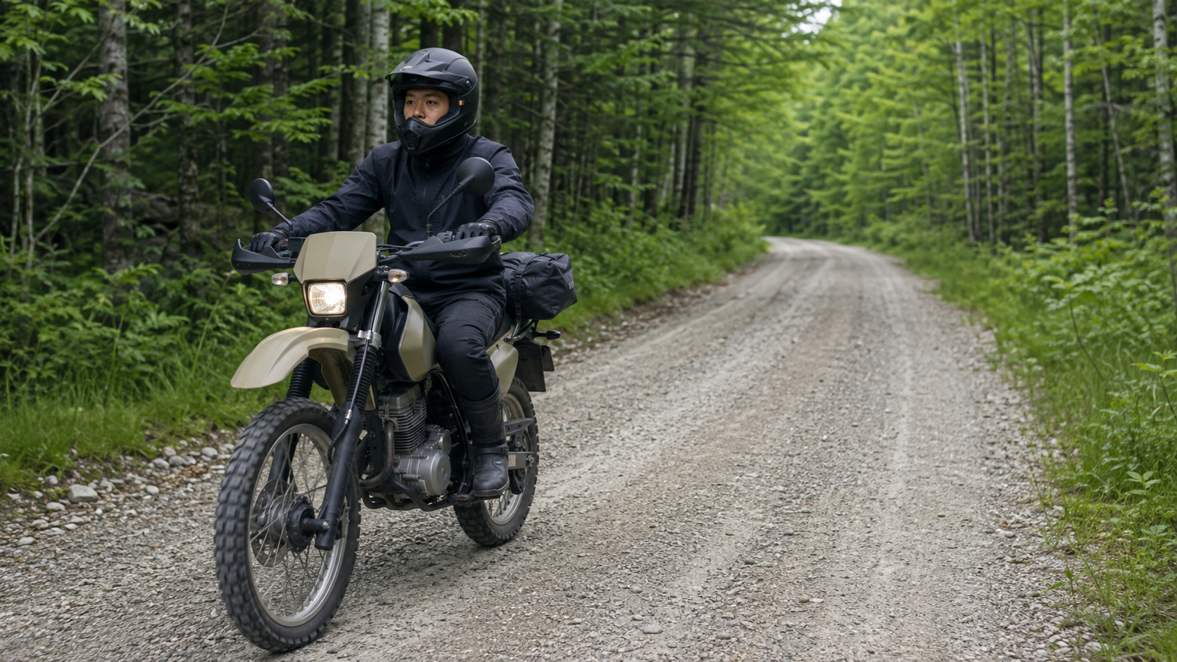 合法に通行できる穏やかな林道を安全に走る日本人ライダー