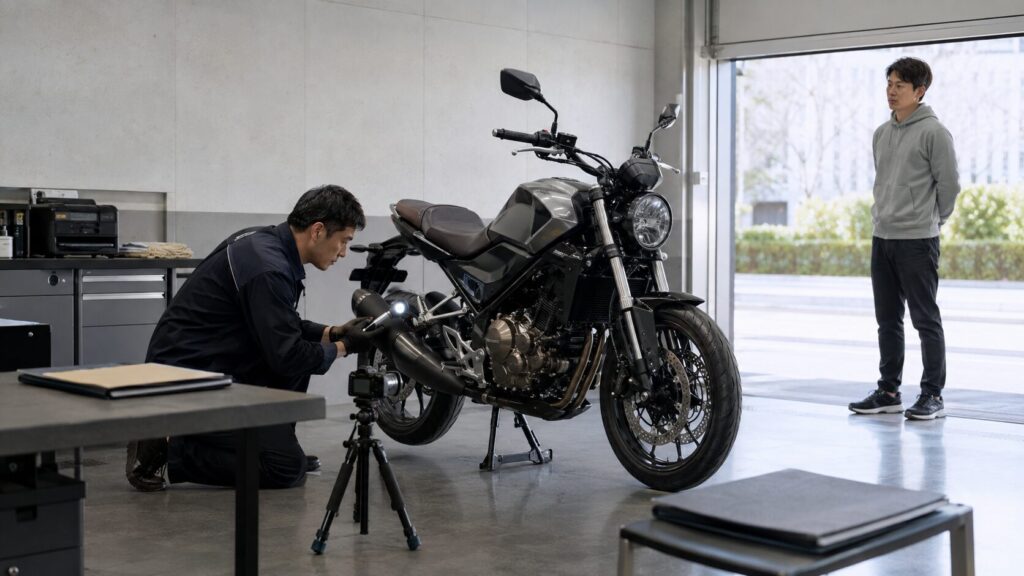 無料バイク査定で車両情報と実車状態を順に確認する担当者 