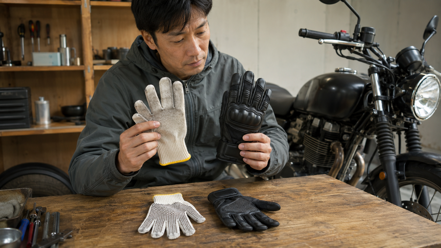 手頃な作業系グローブとバイク専用グローブの構造を比較する日本人ライダー